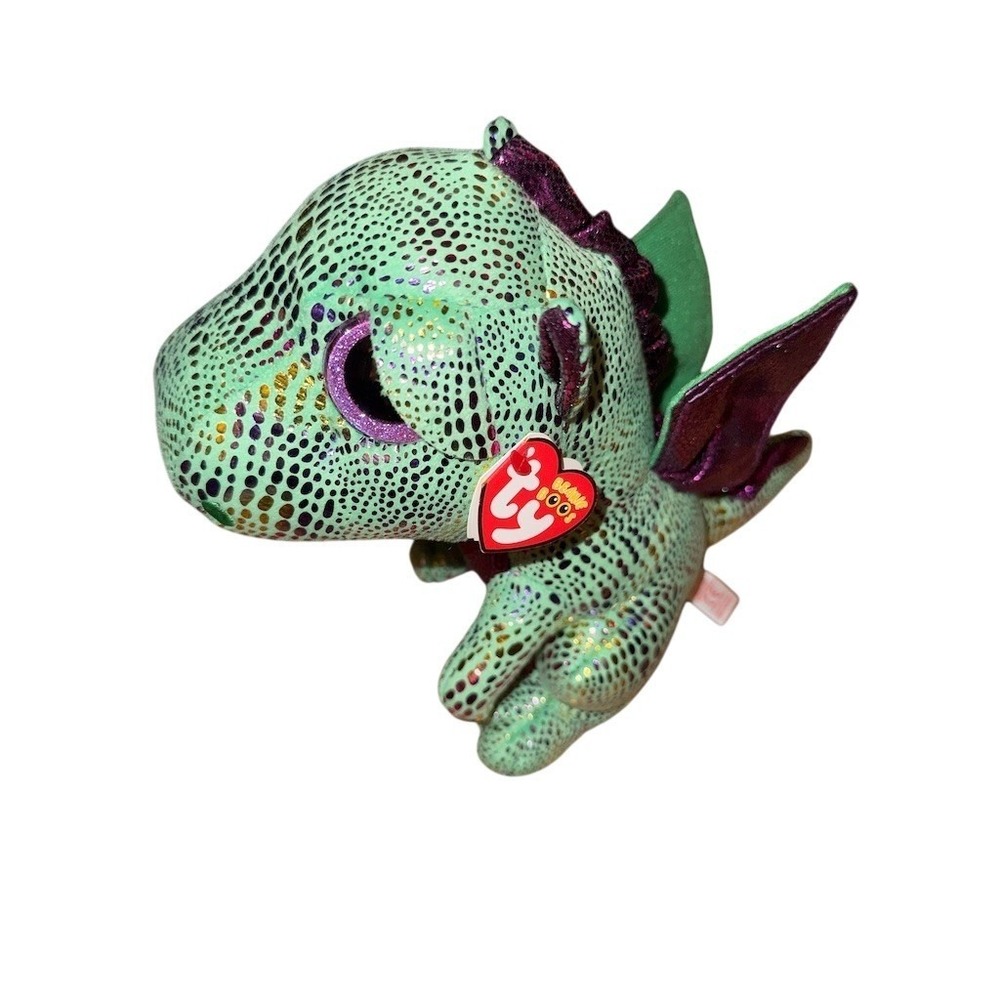 Ty Beanie Boos Cinder‎ Dragon Plush Green Glitter Eyes Purple Wings Heart tag